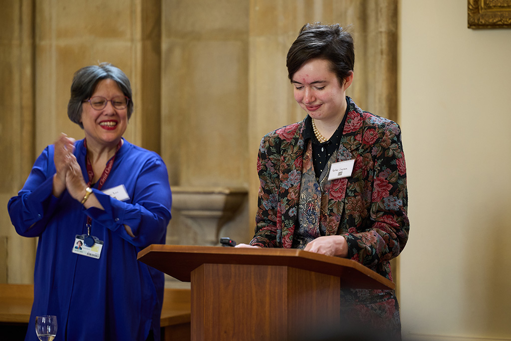 Heather reading at the Tower Poetry prizegiving event