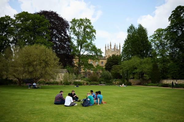 Students relaxing in the Masters Garden