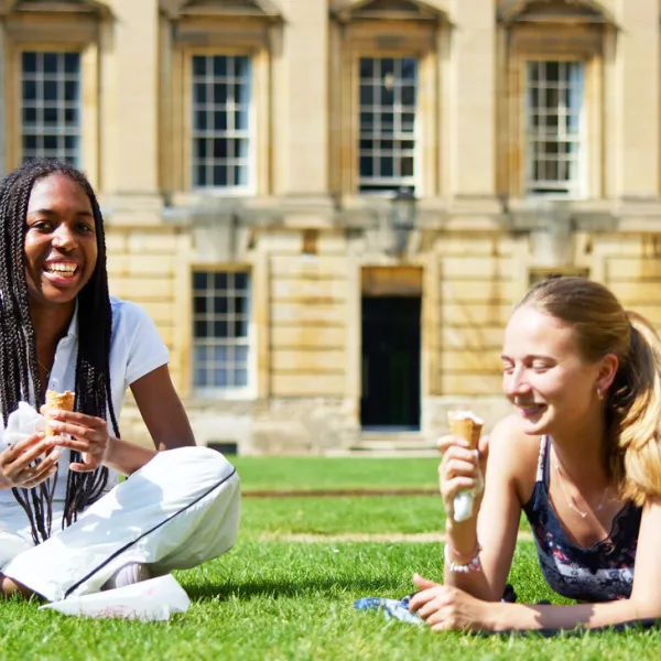 Students enjoying a sunny day on the grass in Peck Quad